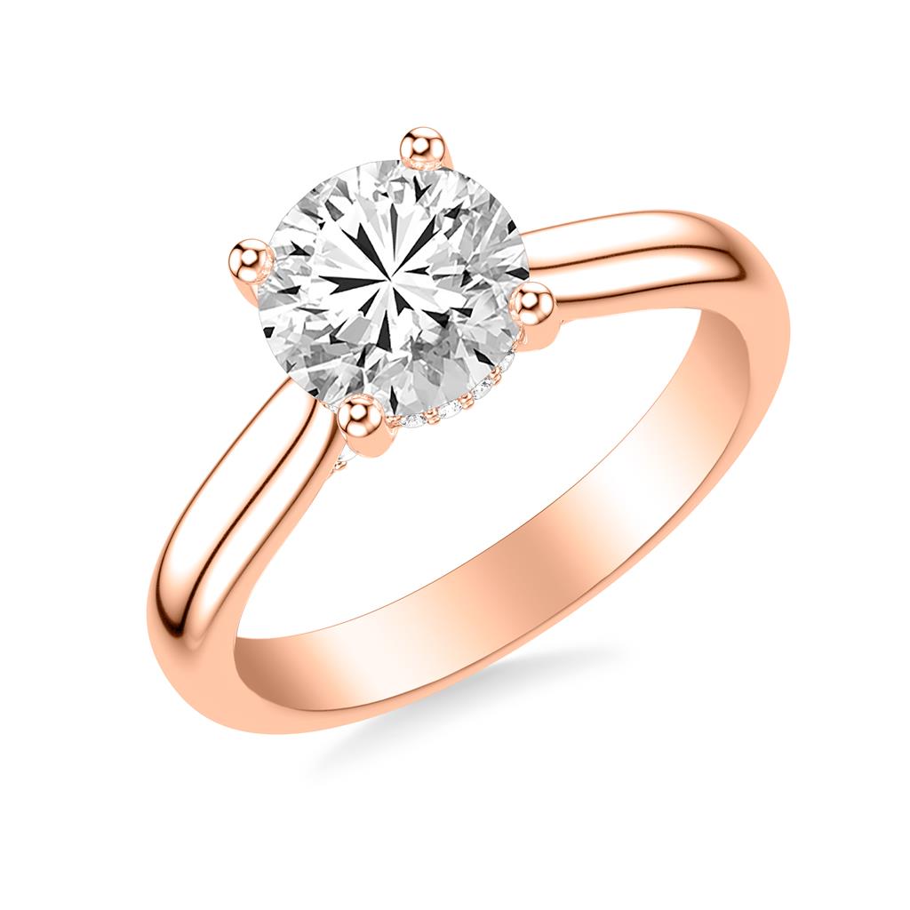 Angle View of Classic Solitaire Engagement Ring with Hidden Halo and Diamond Bridge in Rose Gold