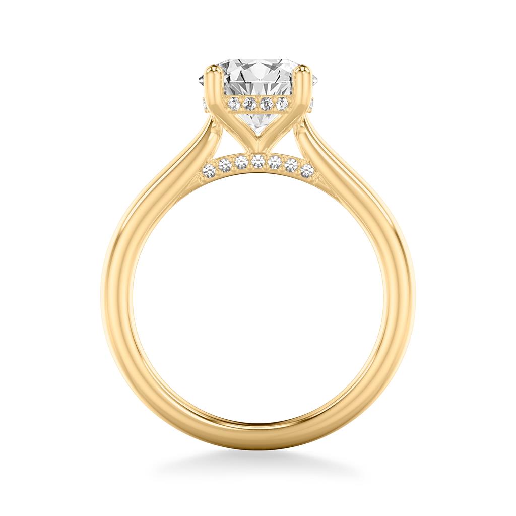 Side View of Classic Solitaire Engagement Ring with Hidden Halo and Diamond Bridge in Yellow Gold