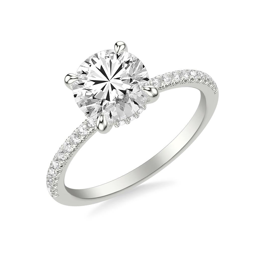 White Gold Classic Engagement Ring with Hidden Halo and Claw Prongs with Diamond Shank