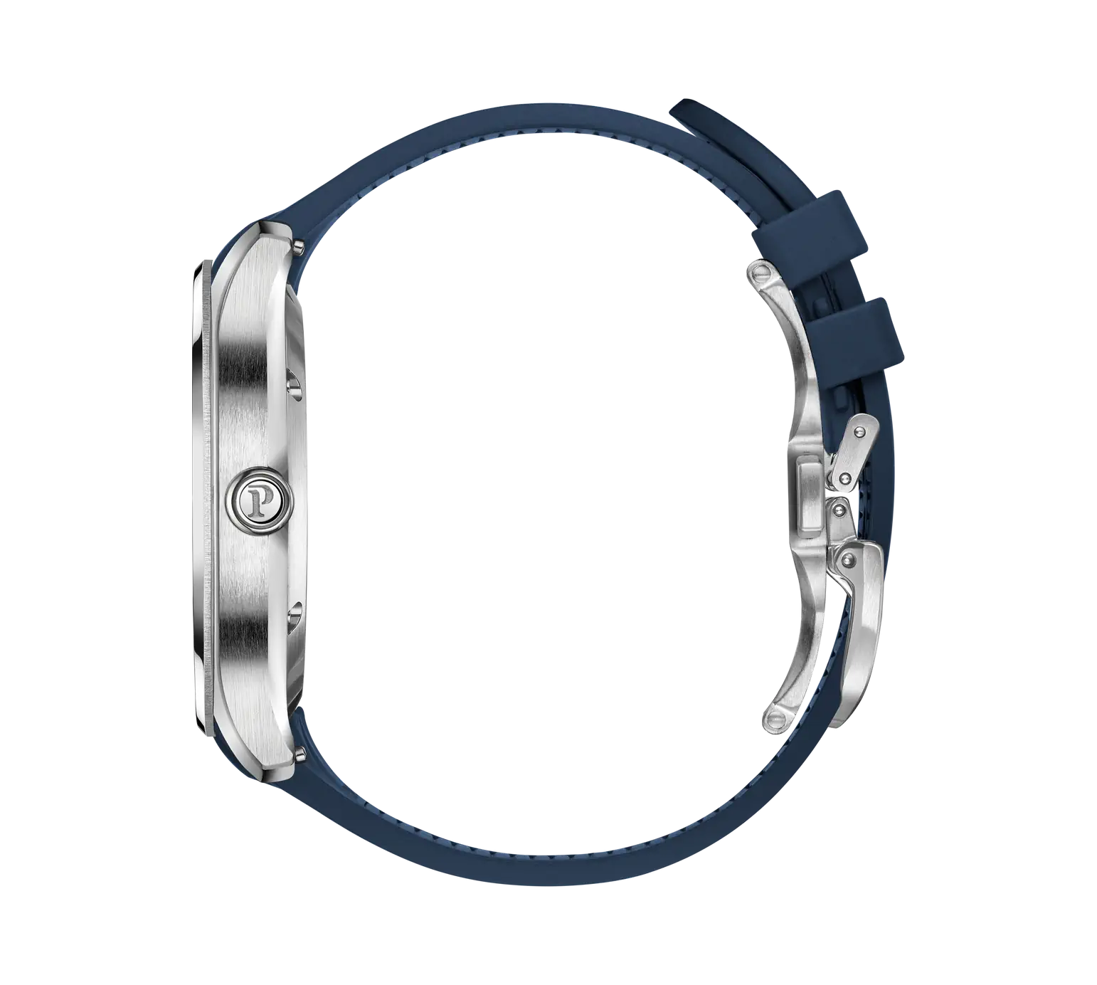 Side View Of Piaget Polo Signature Date Watch With Rubber Strap.