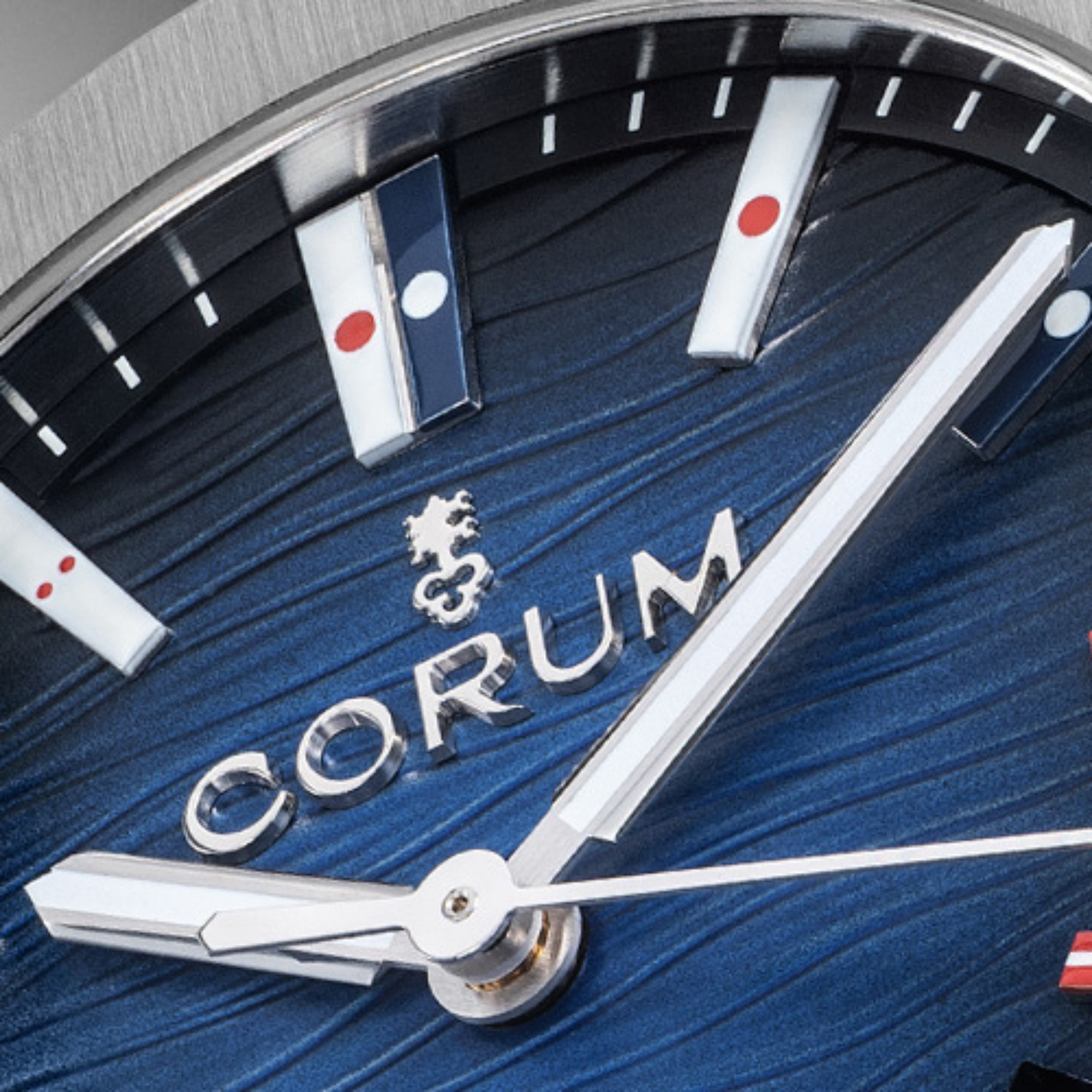 Close Dial View of Corum Admiral 39mm Automatic Blue Waves A39.231.AB0.0G
