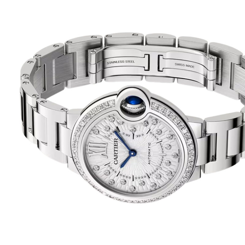 Angled view of Cartier watch with open clasp.