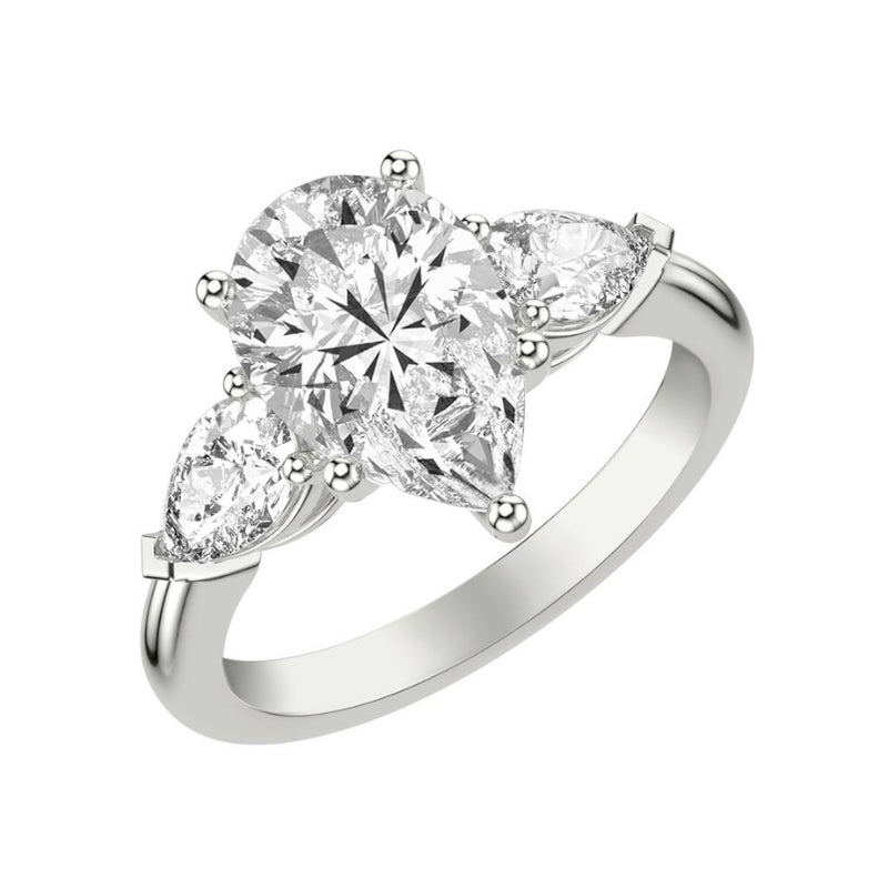 Tilted View Of Pear Three-Stone Engagement Ring with 1/2 CTW Pear Sides.