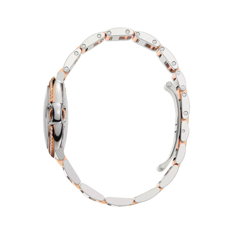 Side view of silver and gold watch bracelet.