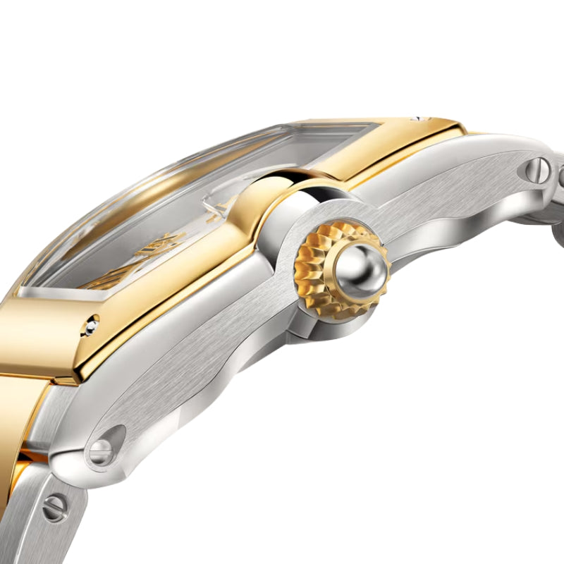 Side View Showing Curved Case Of Cartier Roadster Steel and Gold Watch.