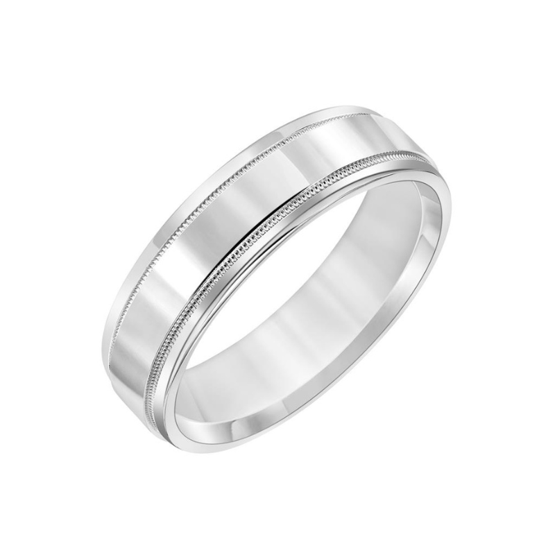 Tilted View Of Low Dome Roll Edge Carved Wedding Band.