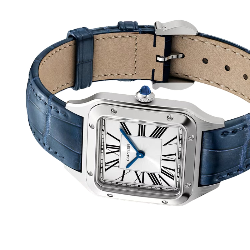 Profile view of silver watch on white background.