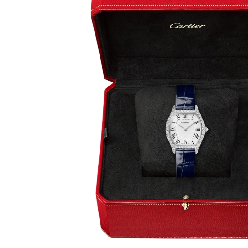 Box view of Cartier watch in red box on black cusion.