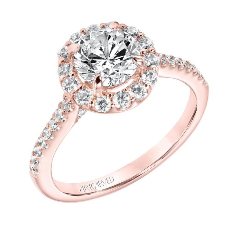 Tilted View Of Classic Halo Engagement Ring.