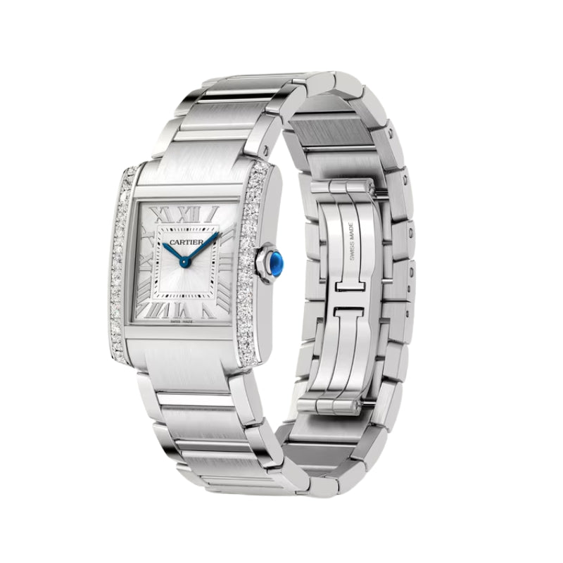 Front angled view of silver watch and bracelet.