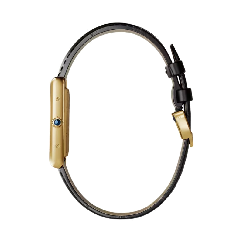 Side view of gold watch with black strap.