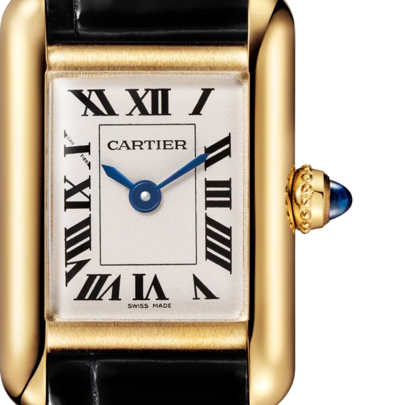 Close-up of gold Cartier watch with blue hands.