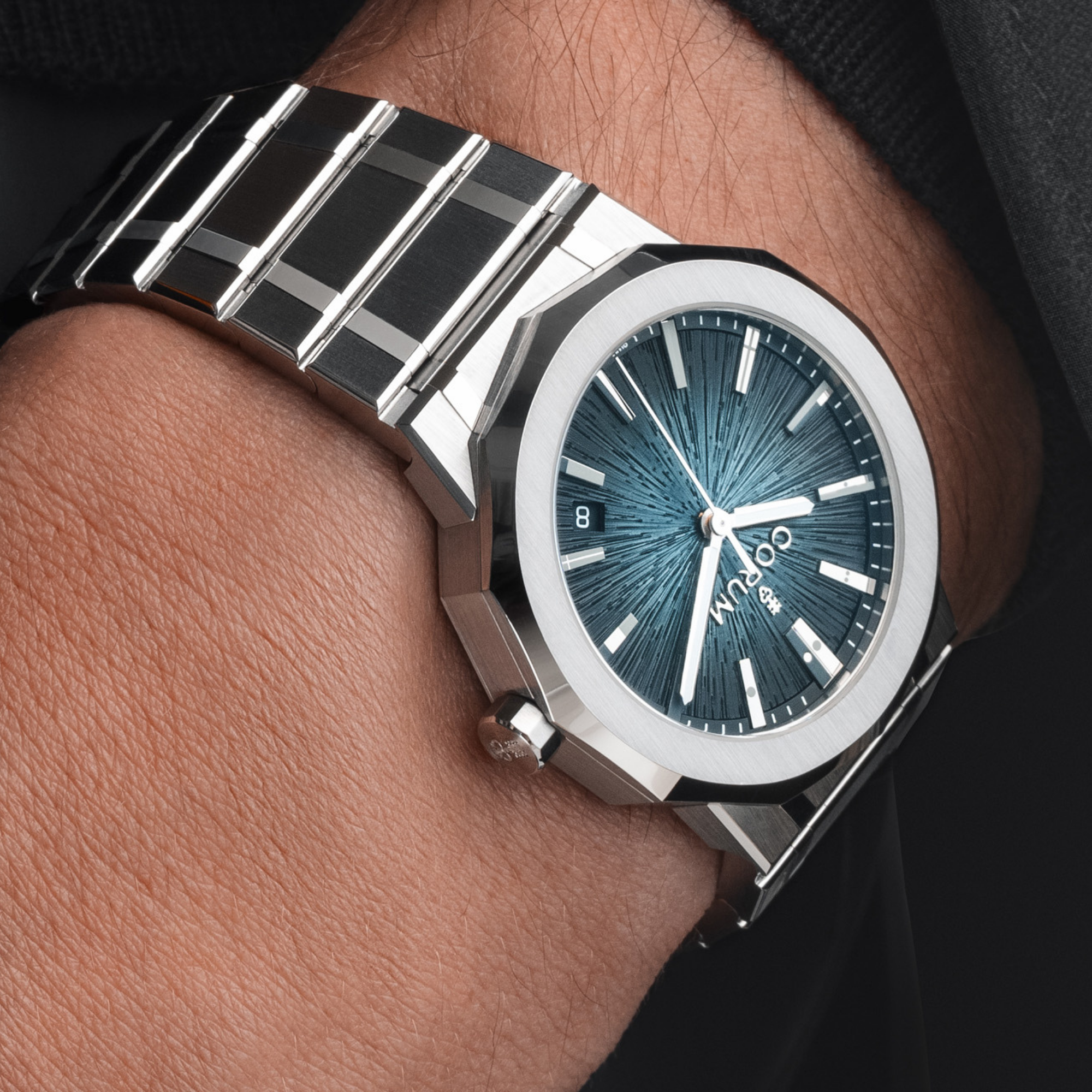 Close Wrist View of Corum Admiral 39mm Automatic Petrol Sunburst A39.231.AQ0.0G