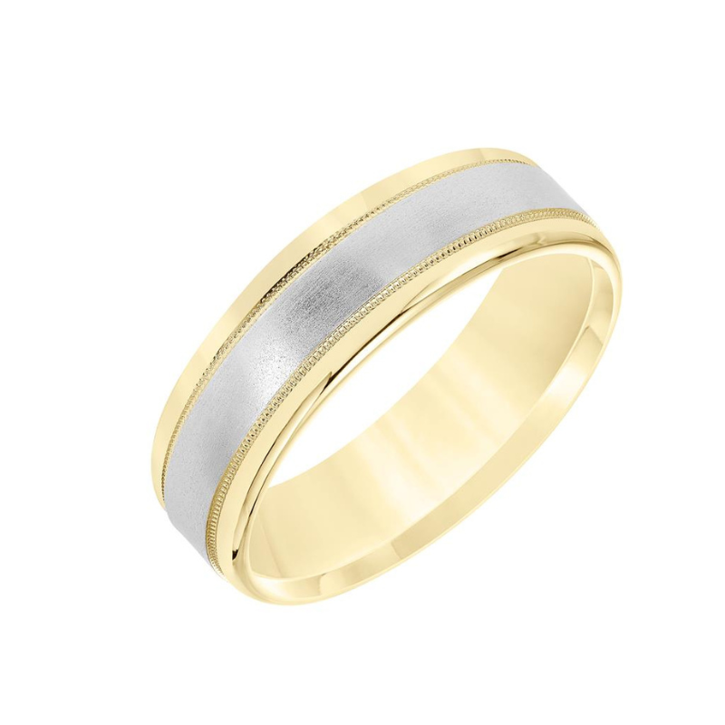Tilted View Of Flat Round Edge Carved Wedding Band.
