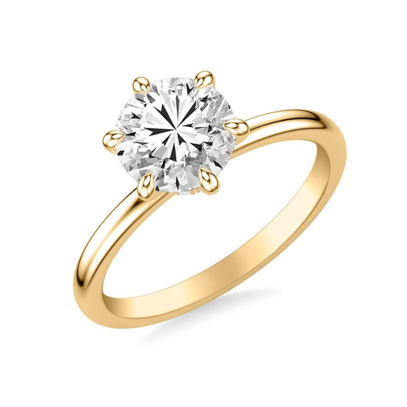 Tilted View Of Round Classic Six Prong Solitaire Hidden Halo Engagement Ring.