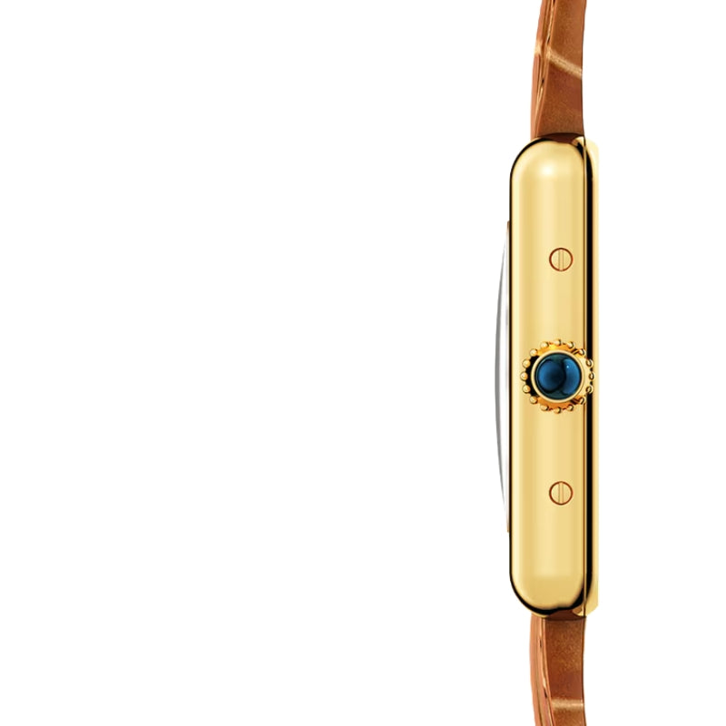 Side profile of a gold Cartier watch strap.