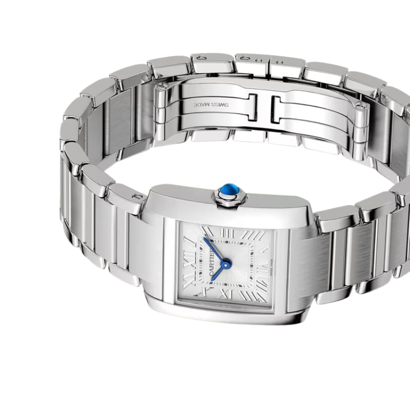 Side view of silver Cartier watch link bracelet.