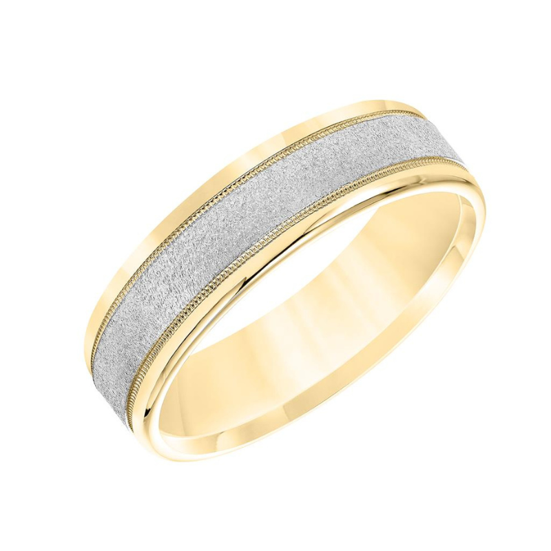 Tilted View Of Low Dome Round Edge Carved Wedding Band.