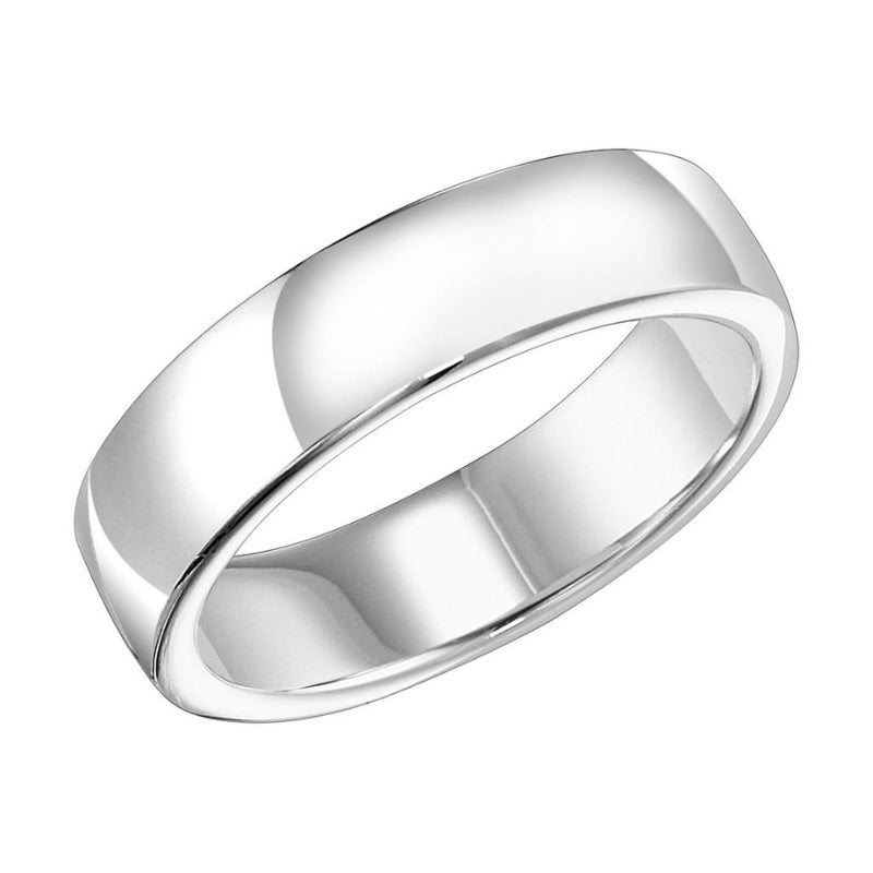 Tilted View Of Low Dome Roll Edge Carved Wedding Band.