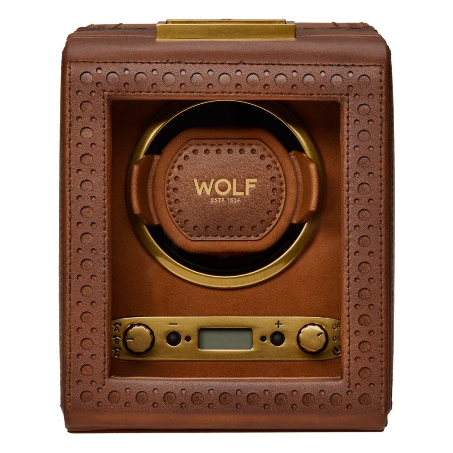 Front View Of Wolf 1834 Brogue Single Watch Winder Brown Leather.