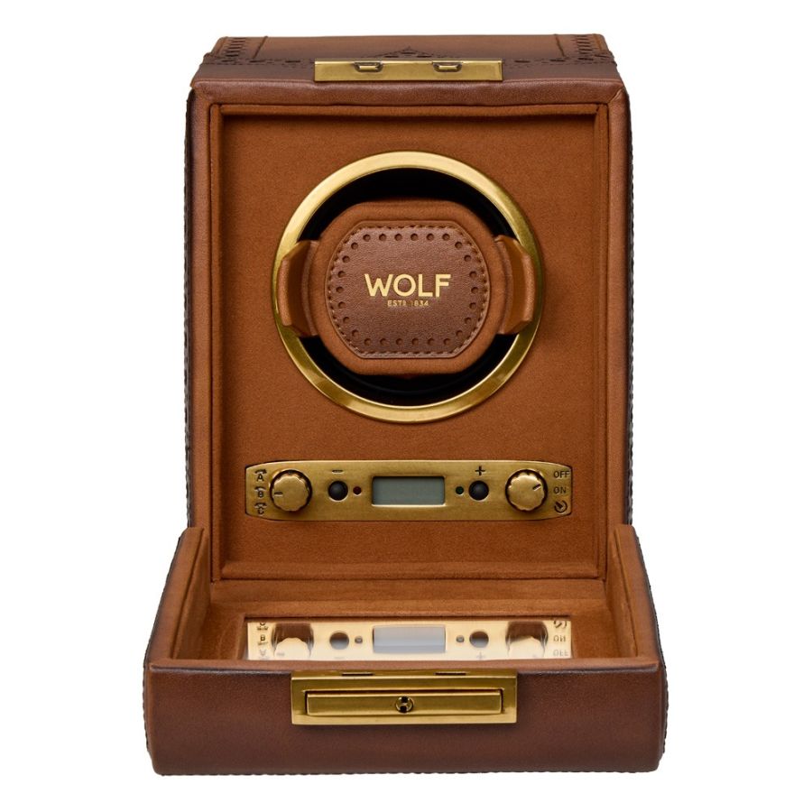 Open View Of Wolf 1834 Brogue Single Watch Winder Brown Leather.