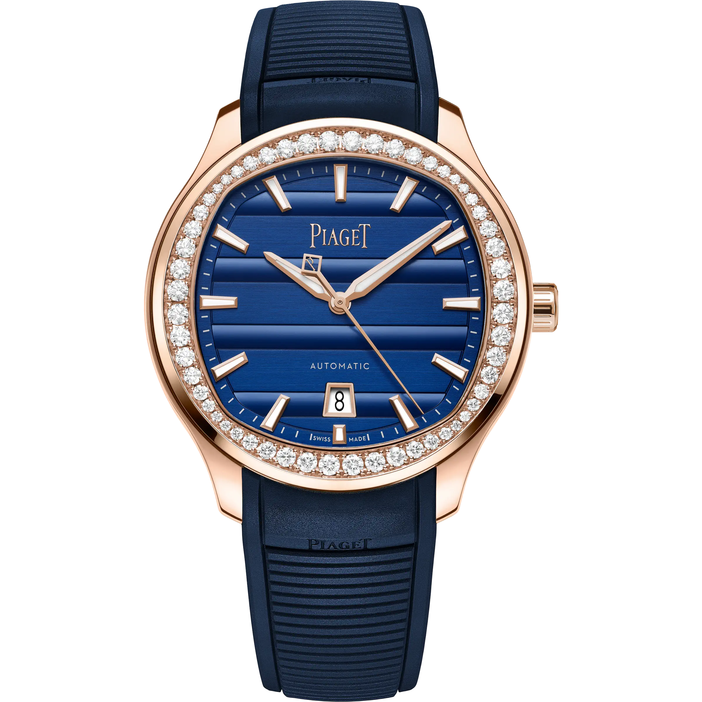 Froent View Of Piaget Polo Signature Date Watch With Diamond Bezels.