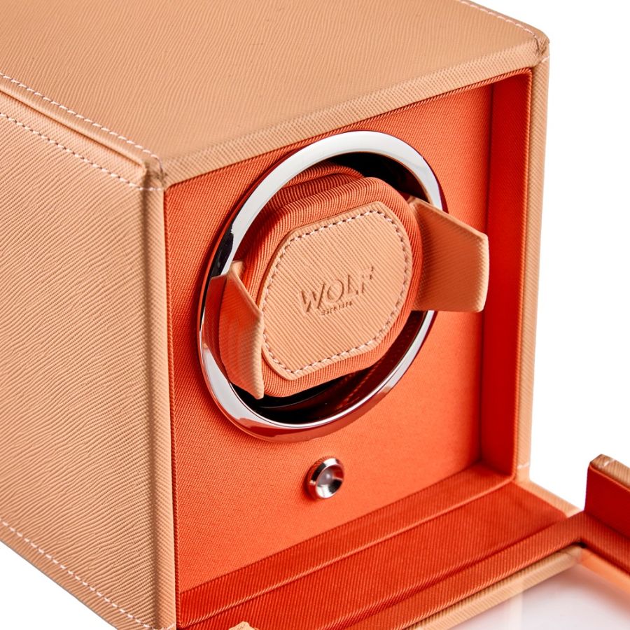 Close up View Of Wolf 1834 Cub Single Watch Winder with Cover Orange.