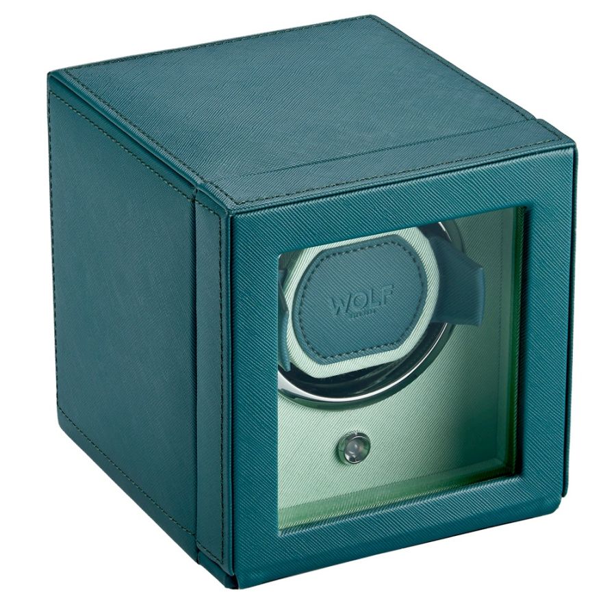 Side View Of Wolf 1834 Cub Single Watch Winder with Blue Cover.