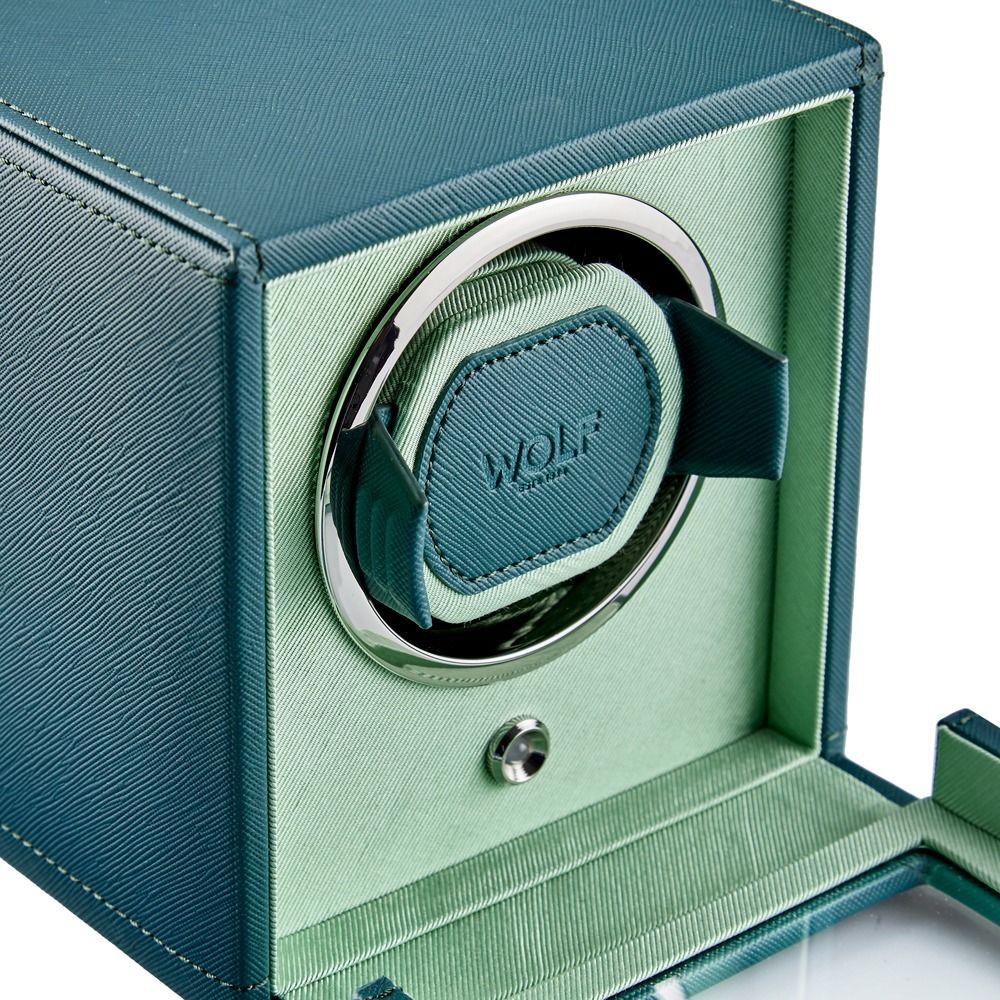 Closeup View Of Wolf 1834 Cub Single Watch Winder with Blue Cover.