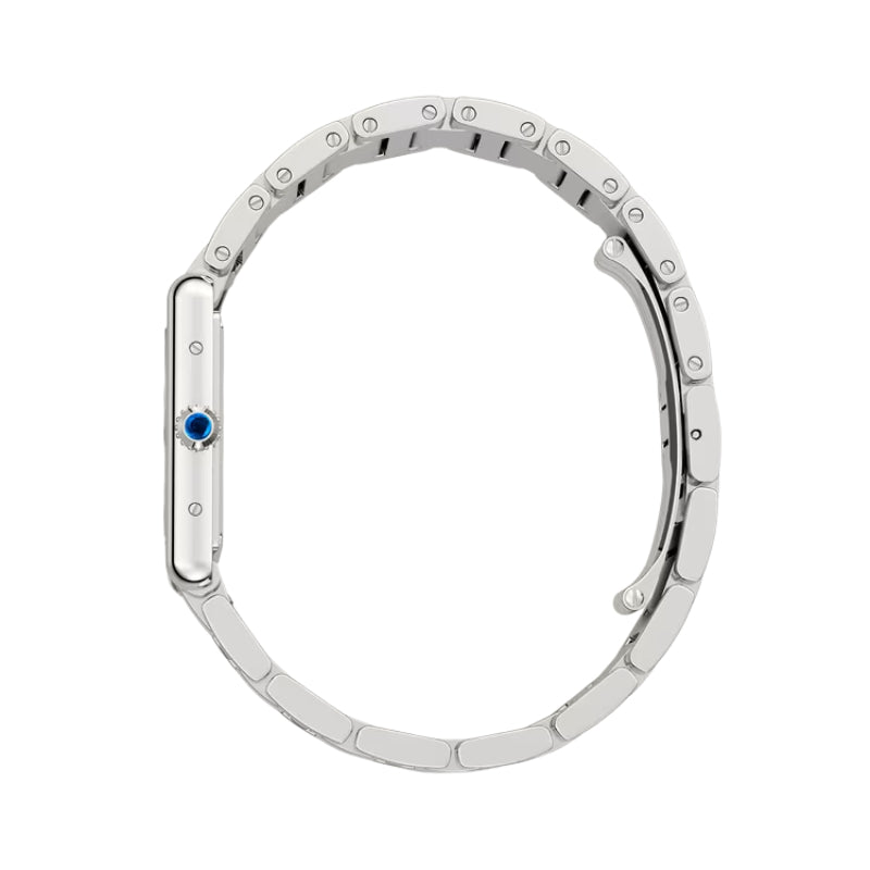Side view of silver watch showing link bracelet.