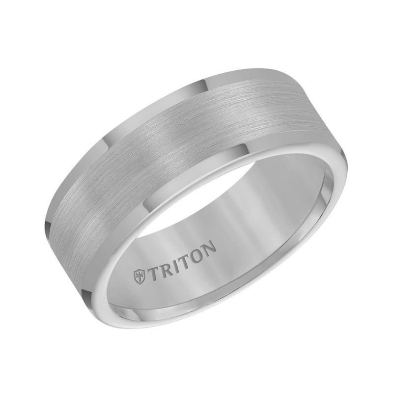 Tilted View of Roll Edge Satin Finish Flat Center Wedding Band.