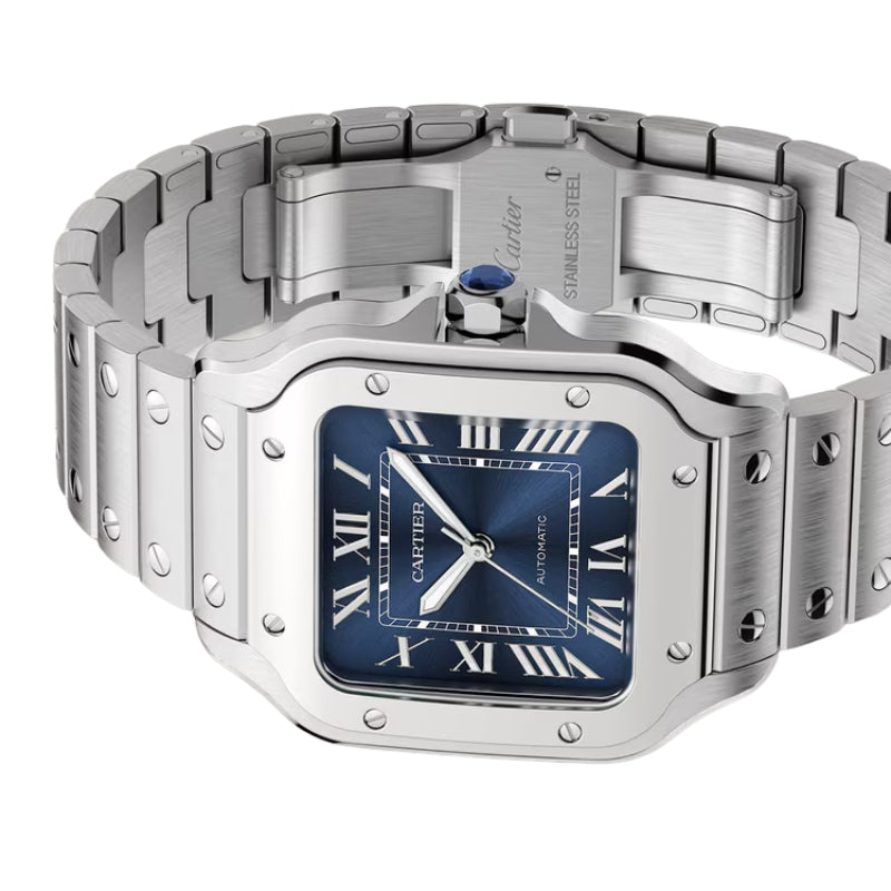 Side profile of the Cartier Santos steel watch.