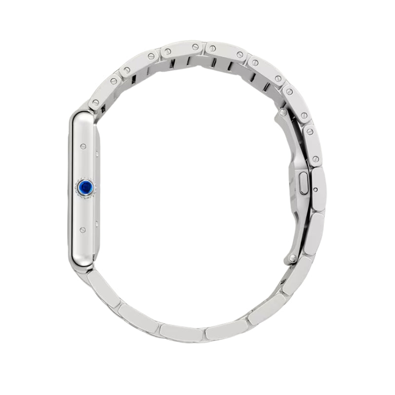 Side view of silver watch showing link bracelet.