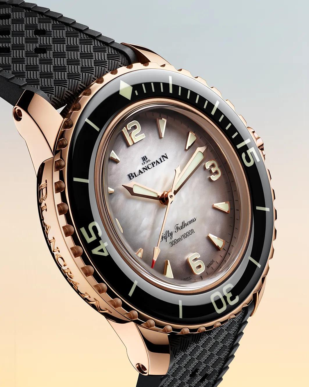 Blancpain Fifty Fathoms 38mm Red Gold Automatique White Mother of Pearl Dial lifestyle shot 2