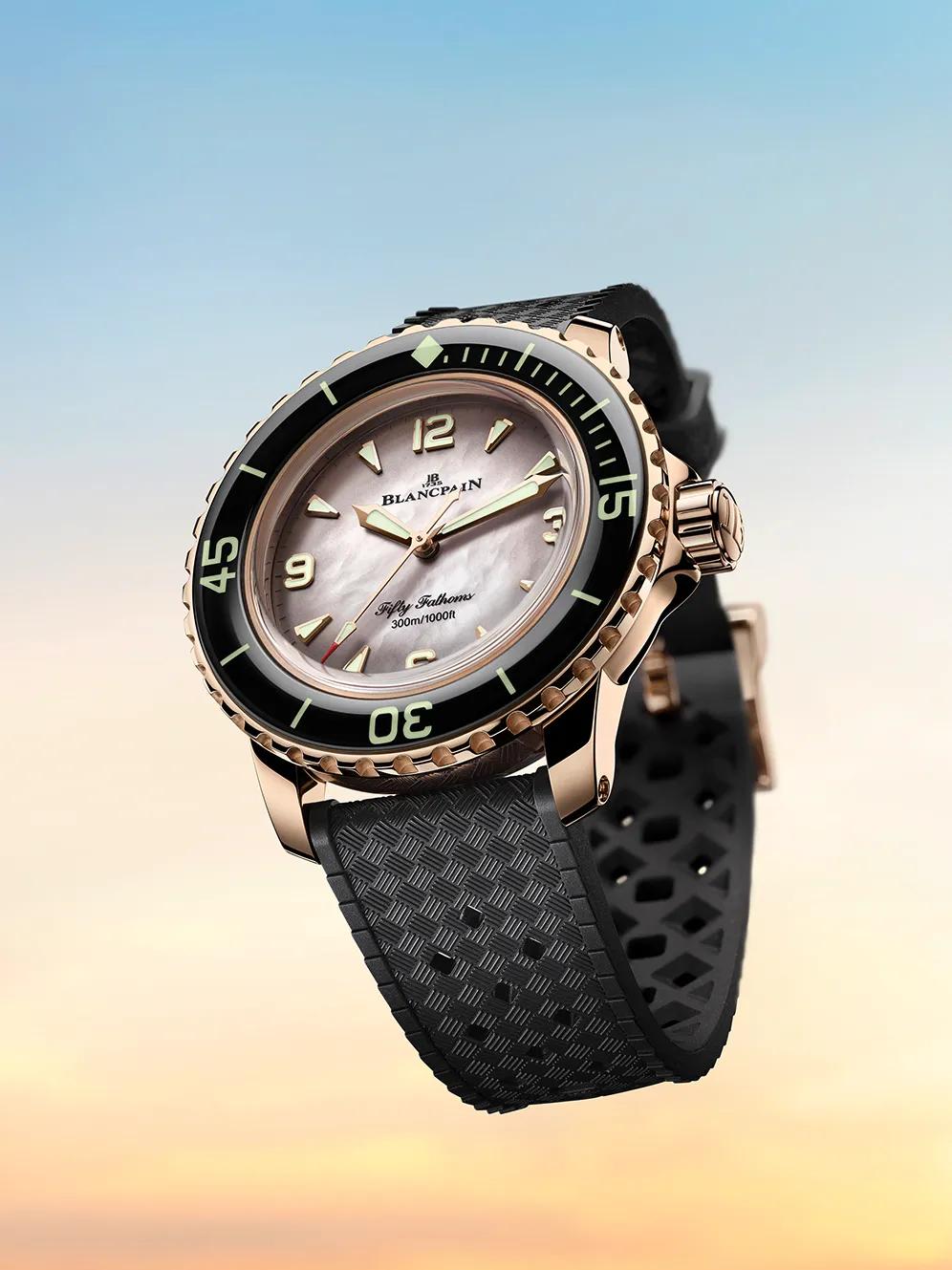 Blancpain Fifty Fathoms 38mm Red Gold Automatique White Mother of Pearl Dial lifestyle shot