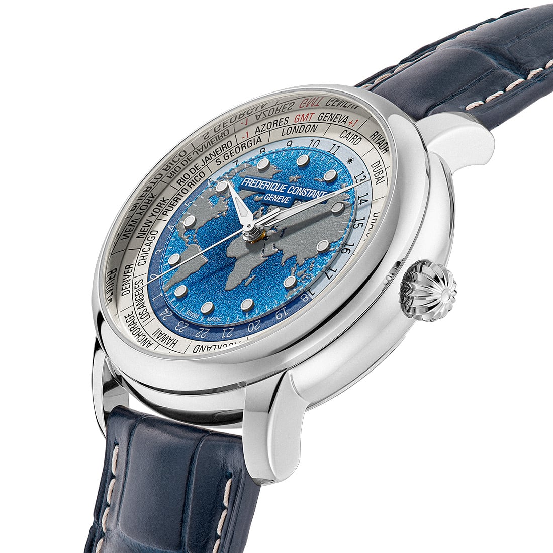 Frederique Constant Manufacture Classic Worldtimer Gradient Blue 40mm FC719BLW3H6 dial closeup side view