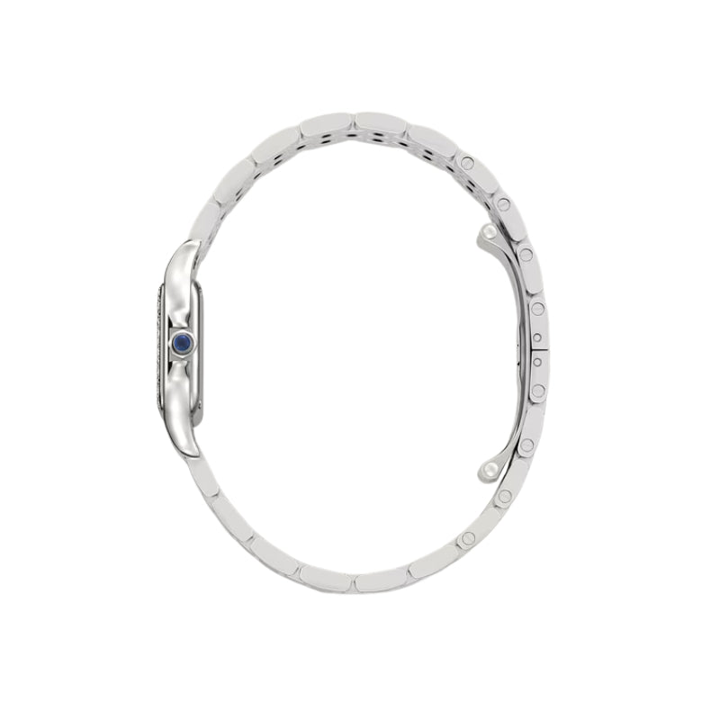 Profile view of silver Cartier watch and bracelet.