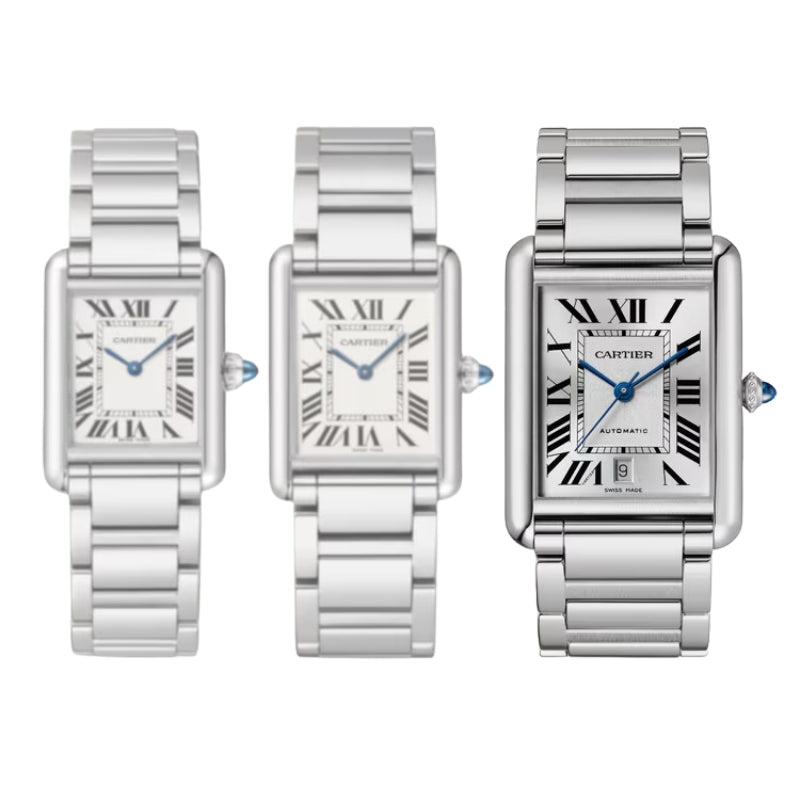 Three silver watches shown in different sizes together.