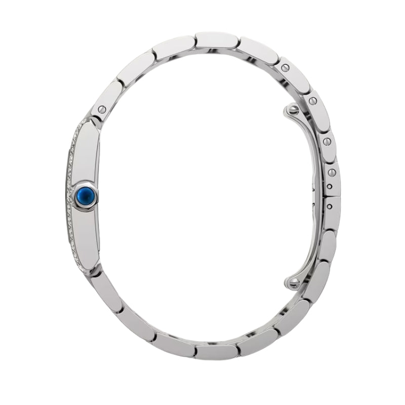 Side view of silver watch with metal bracelet.