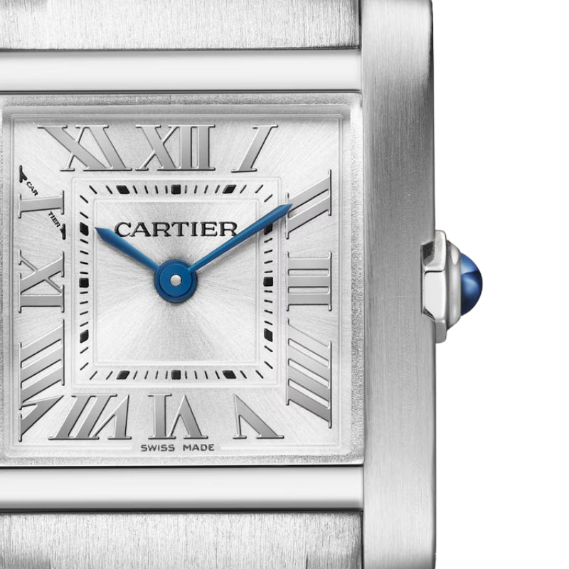 Close up of silver Cartier watch square dial.