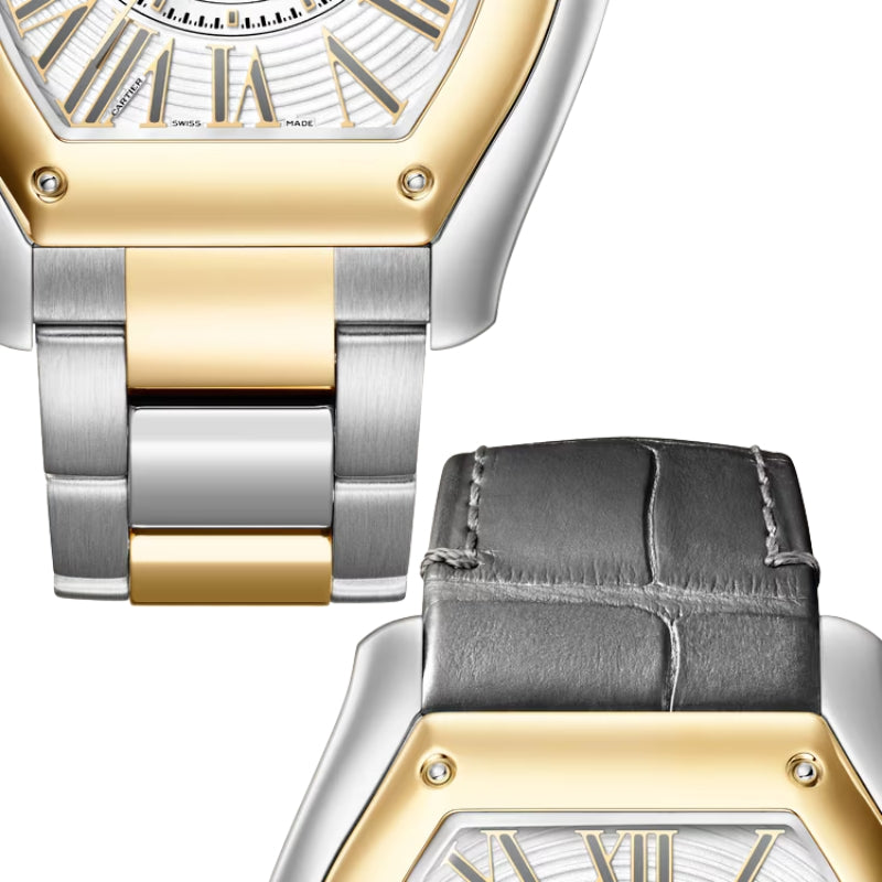 Close-up of interchangeable two-tone yellow gold bracelet and leather strap.