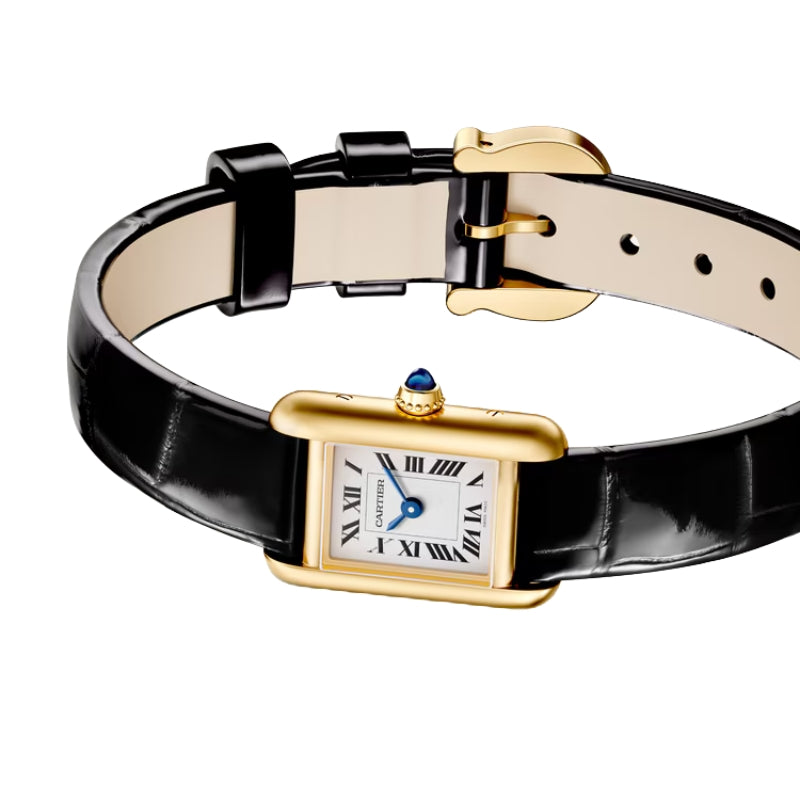 Vertical front view of gold Cartier Tank watch.