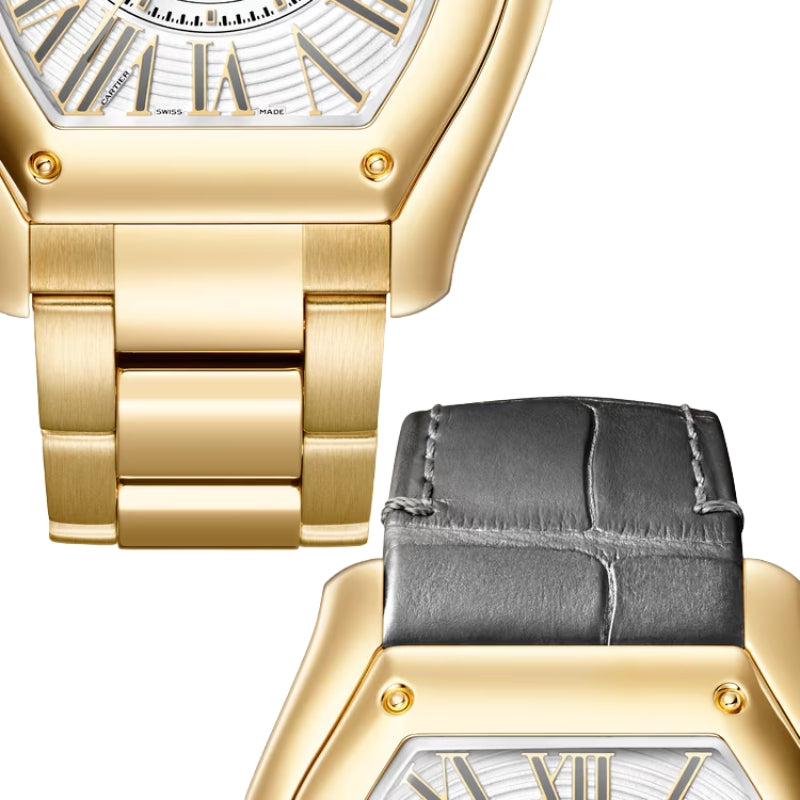 Close-up showing interchangeable gold bracelet and leather strap.