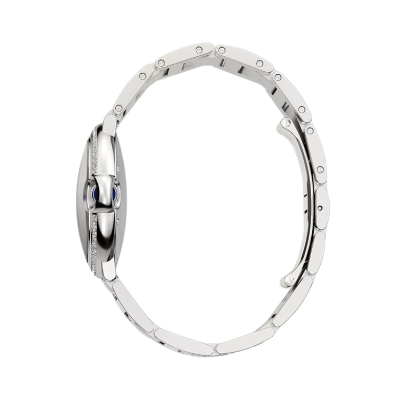 Side view of silver watch and metal bracelet.