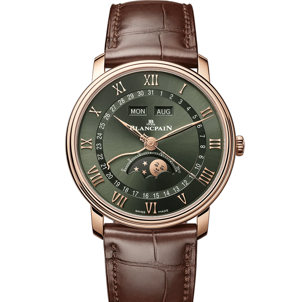 Blancpain Villeret Quantieme Complete Green 18k Rose Gold 6654A-3653-55B soldier shot