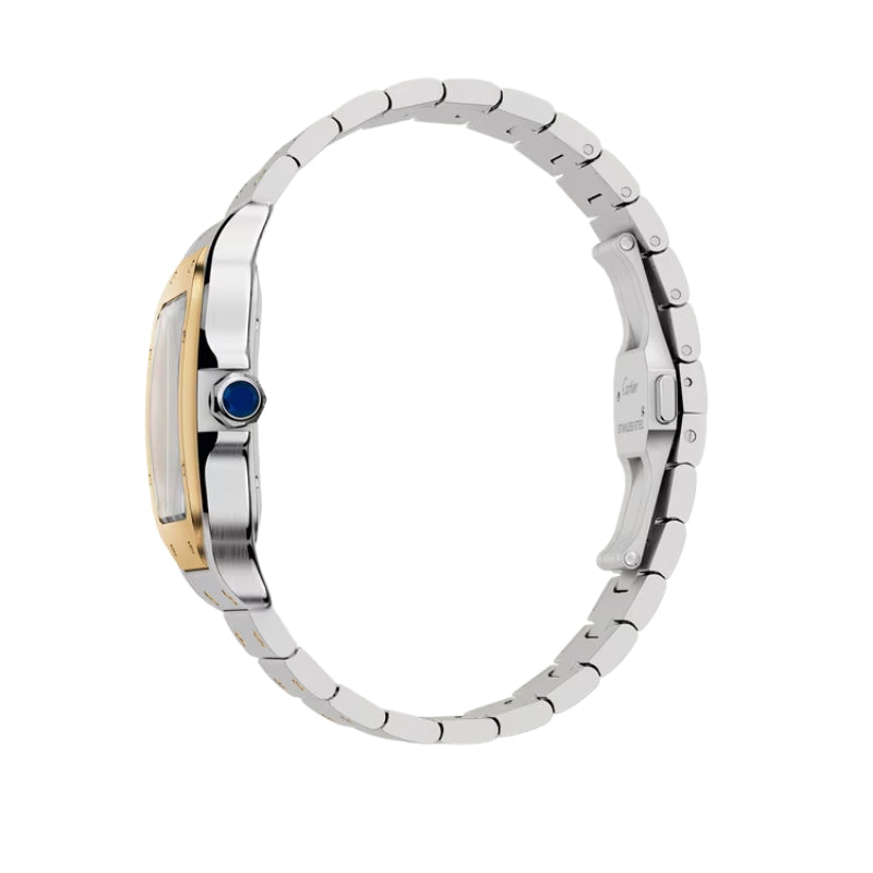 Side profile of watch showing the blue crown.