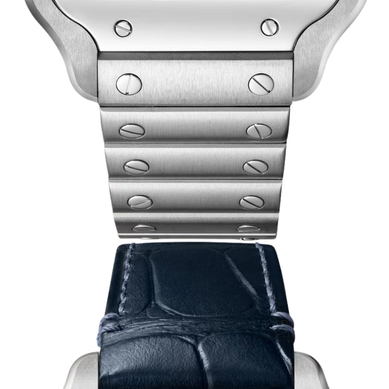 Detail of the interchangeable steel and leather straps.