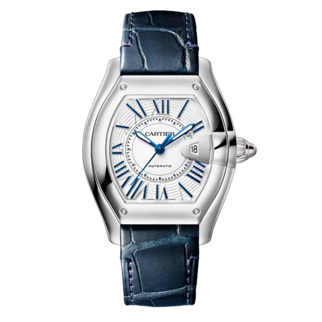 Front View Of Cartier Roadster Steel Watch With Leather Strap.