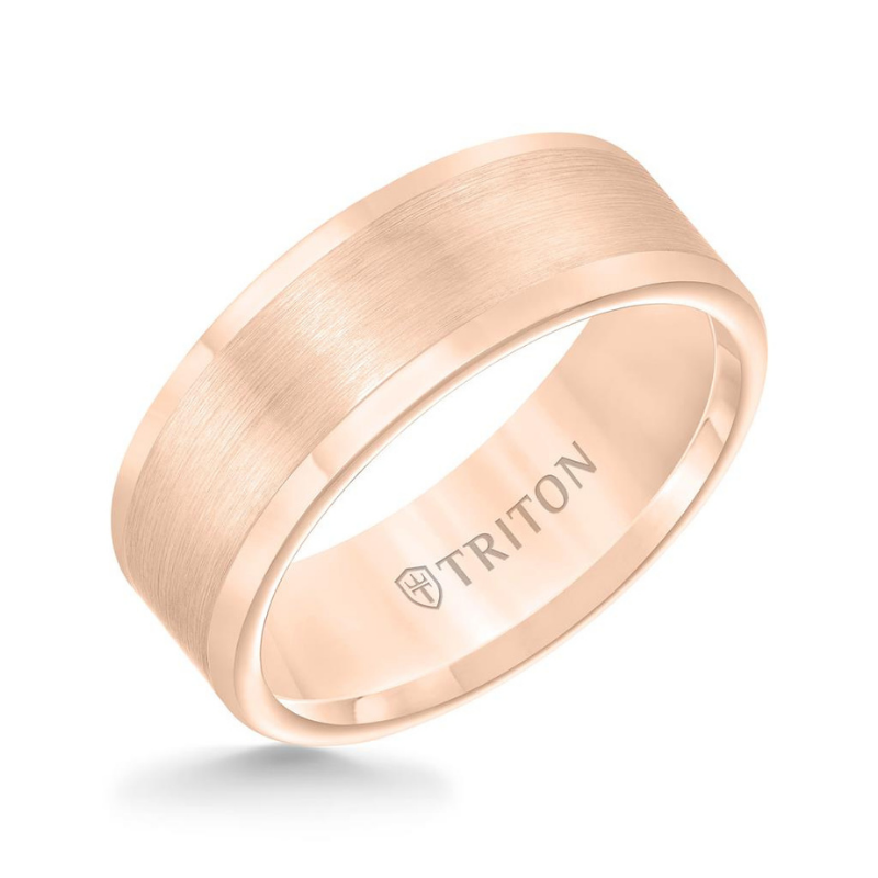 Tilted View of Roll Edge Satin Finish Flat Center Wedding Band.
