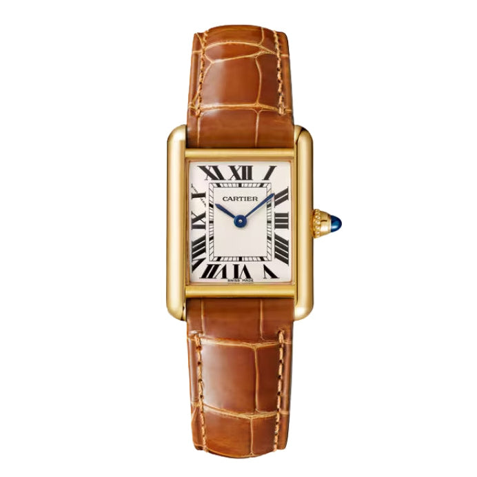 Front view of a gold Cartier Tank watch.